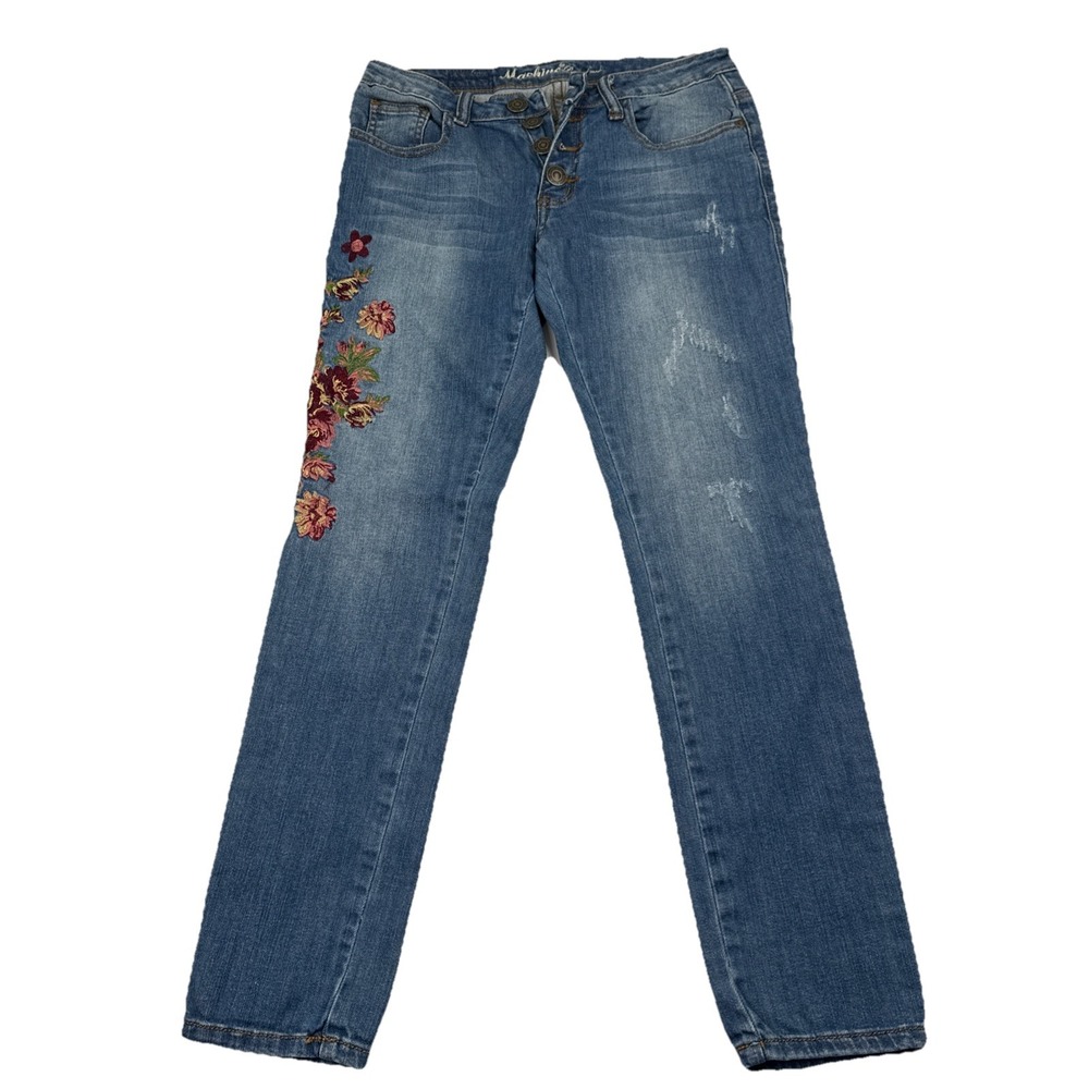 Machine Jeans Women's 29 (28x26) Embroidered Button Fly Distressed Skinny